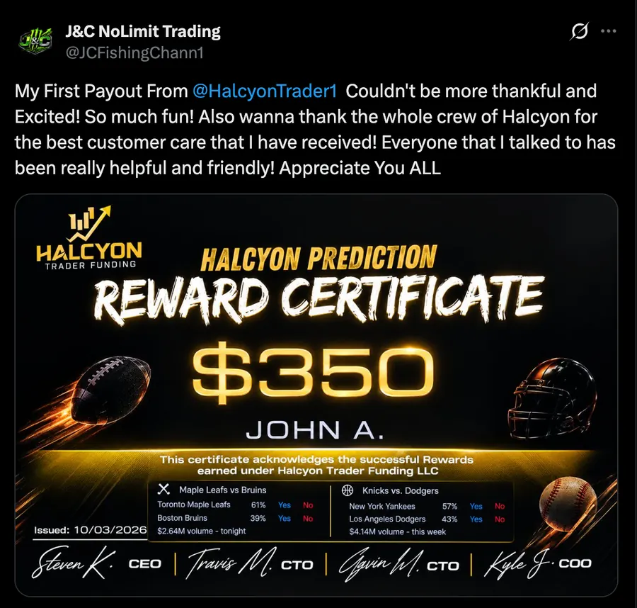 Trader celebrating a Halcyon Prediction reward payout on X