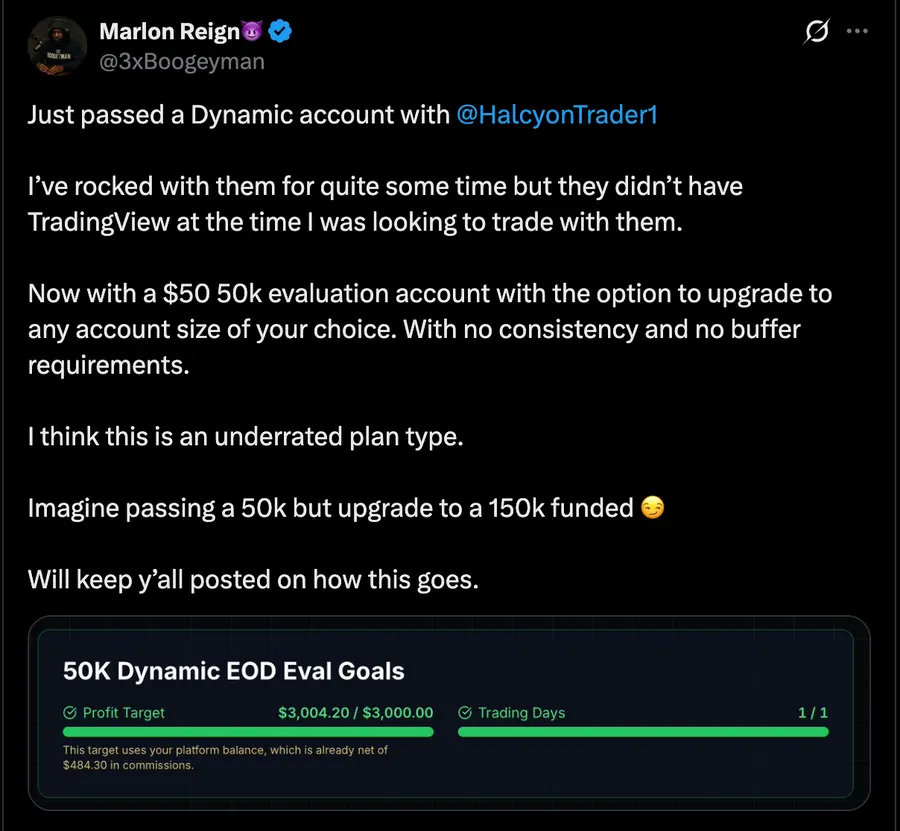 Trader posting a passed Halcyon Dynamic evaluation on X