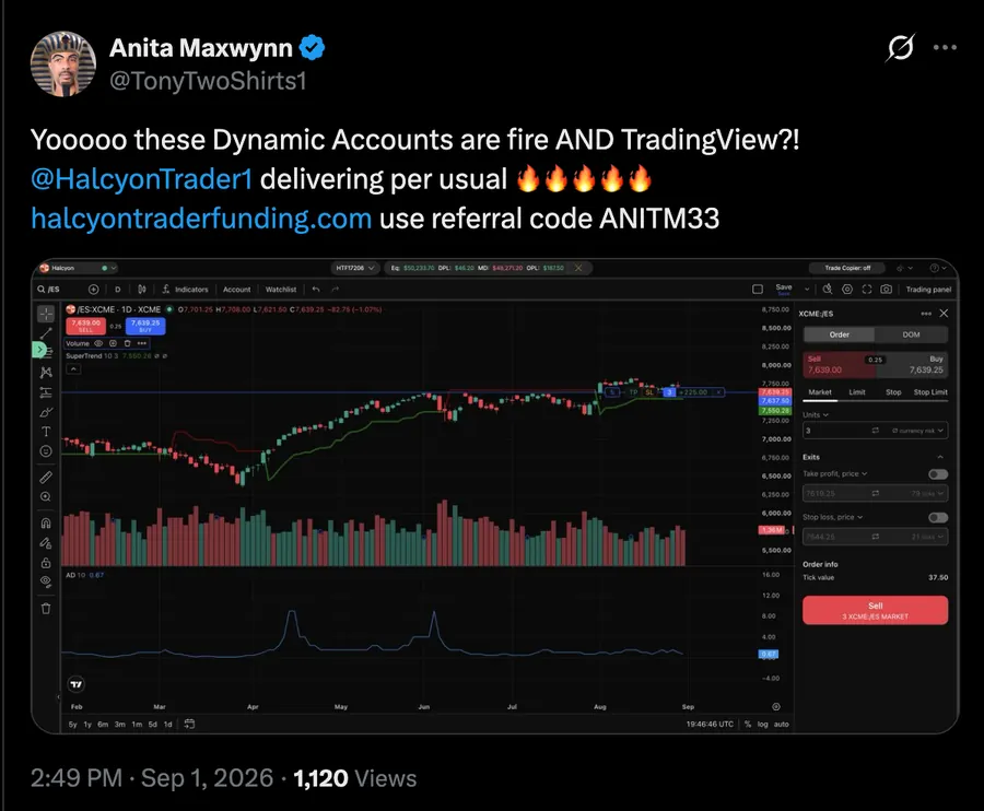 Trader promoting Halcyon Dynamic accounts and TradingView on X