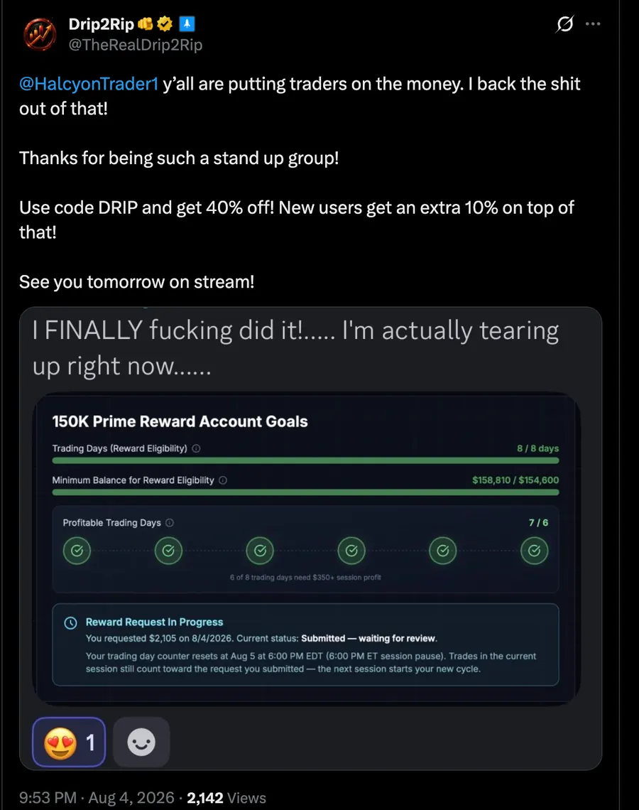 Drip2Rip celebrating a Halcyon reward request on X with code DRIP