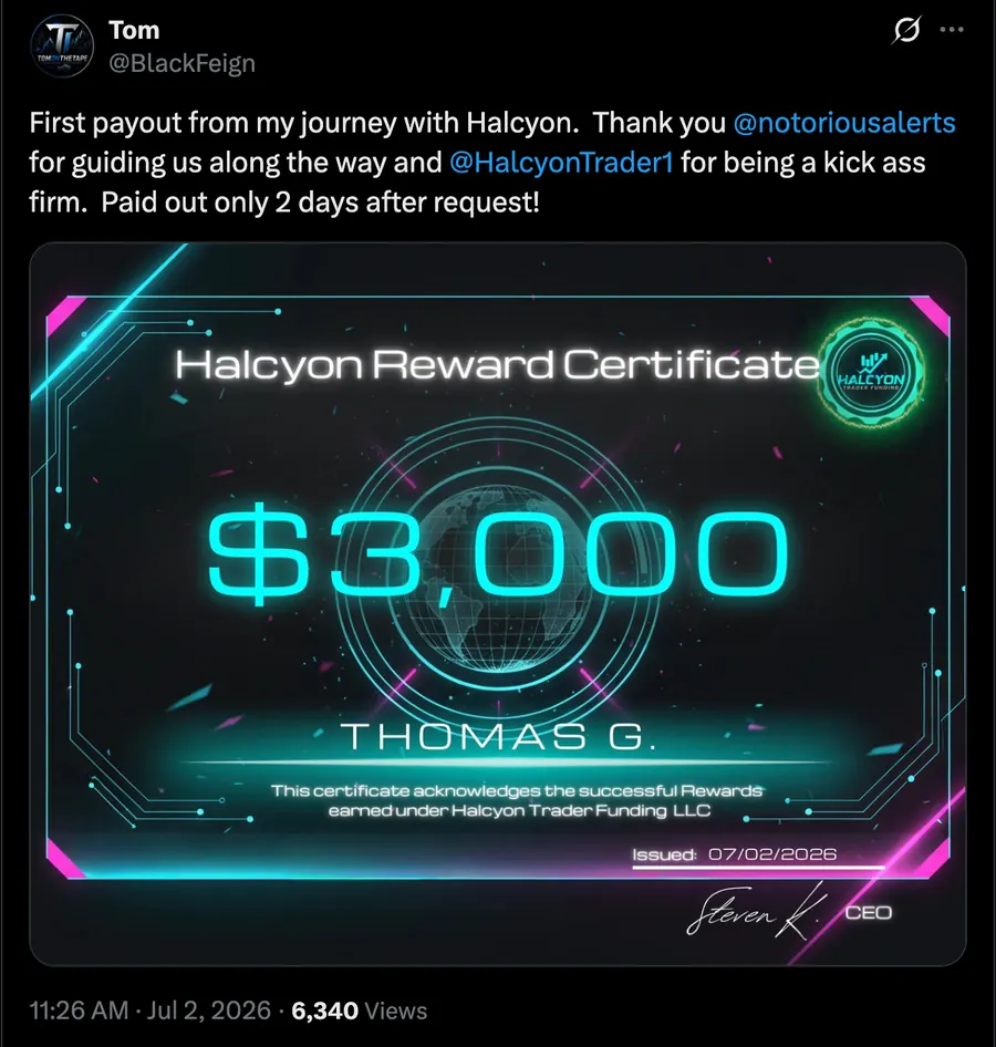 Trader sharing a first Halcyon reward payout certificate on X