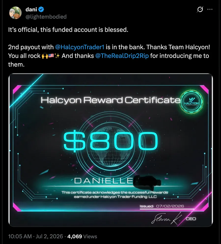 Trader sharing a second Halcyon reward payout certificate on X
