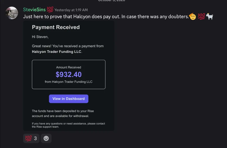 Affiliate sharing a $932.40 Halcyon Trader Funding payout confirmation
