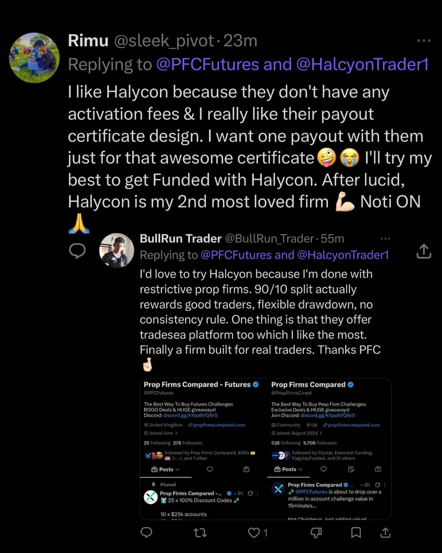X thread with traders praising Halcyon for no activation fees, 90/10 split, and flexible rules
