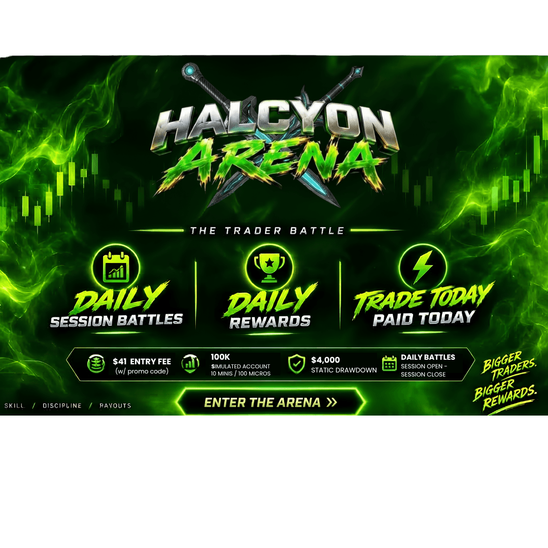 Halcyon Arena — daily session battles, same-day rewards. $41 entry with promo code, 100K simulated account, $4,000 static drawdown. Enter the Arena.